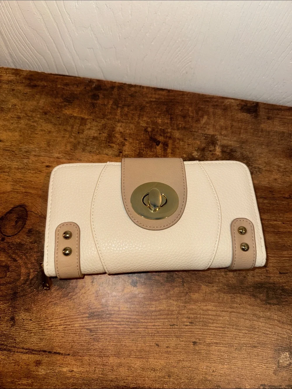 Cream and Tan Turn-Lock Wallet